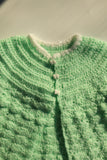 VINTAGE - Handknit Crochet Mint Green Sweater Cardigan with Puppy Buttons - Infant Girl