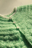 VINTAGE - Handknit Crochet Mint Green Sweater Cardigan with Puppy Buttons - Infant Girl