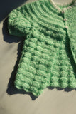 VINTAGE - Handknit Crochet Mint Green Sweater Cardigan with Puppy Buttons - Infant Girl