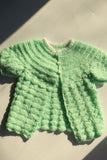 VINTAGE - Handknit Crochet Mint Green Sweater Cardigan with Puppy Buttons - Infant Girl