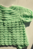 VINTAGE - Handknit Crochet Mint Green Sweater Cardigan with Puppy Buttons - Infant Girl